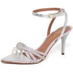 8977 Sandália Salto Médio Bico Folha Cristal Prata/Tira Strass