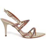 8980 Sandália Salto Médio Bico Folha Cristal Prata/Tira Strass