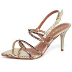 8980 Sandália Salto Médio Bico Folha Cristal Prata/Tira Strass