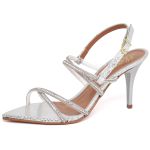 8980 Sandália Salto Médio Bico Folha Cristal Ouro Light/Tira Strass
