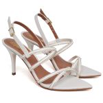 8980 Sandália Salto Médio Bico Folha Napa Off White/Tira Strass
