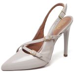 7971 Scarpin Salto Alto Bico Folha Verniz Aveia