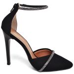 7978 Scarpin Salto Alto Bico Folha Nobuck Preto/Tira Strass
