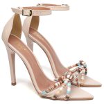 7912 Sandália Salto Alto Bico Folha Napa Bege/Tira Color