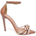 7912 Sandália Salto Alto Bico Folha Napa Caramelo/Tira Color