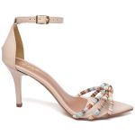 8912 Sandália Salto Médio Bico Folha Napa Bege/Tira Color