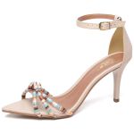 8912 Sandália Salto Médio Bico Folha Napa Bege/Tira Color