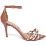 8912 Sandália Salto Médio Bico Folha Napa Caramelo/Tira Color