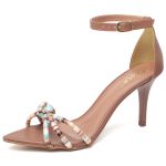 8912 Sandália Salto Médio Bico Folha Napa Caramelo/Tira Color