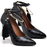 7103 Scarpin Salto Alto Crododiles Preto com Corrente e Pingente