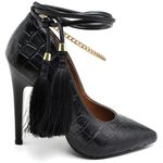 7103 Scarpin Salto Alto Crododiles Preto com Corrente e Pingente