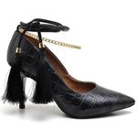 8103 Scarpin Salto Médio Crododiles Preto com Corrente e Pingente
