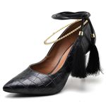 8103 Scarpin Salto Médio Crododiles Preto com Corrente e Pingente