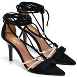 8926 Sandália Salto Médio Bico Folha Nobuck Preto/Branco/Ouro Light