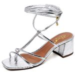 5532 Sandália Bico Quadrado Salto Bloco Médio Cristal Prata