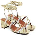 5542 Sandália Bico Quadrado Salto Bloco Médio Cristal Ouro Light/Prata