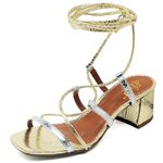5542 Sandália Bico Quadrado Salto Bloco Médio Cristal Ouro Light/Prata