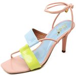 8544 Sandalia Salto Medio Bico Quadrado Verniz Amarelo/Azul