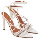 7949 Sandália Salto Alto Bico Folha Napa Off White Tira Strass