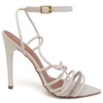 7949 Sandália Salto Alto Bico Folha Napa Off White Tira Strass
