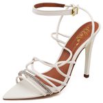 7949 Sandália Salto Alto Bico Folha Napa Off White Tira Strass