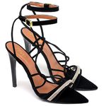 7949 Sandália Salto Alto Bico Folha Nobuck Preto Tira Strass