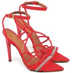 7949 Sandália Salto Alto Bico Folha Nobuck Vermelho Tira Strass