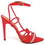 7949 Sandália Salto Alto Bico Folha Nobuck Vermelho Tira Strass