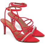 8949 Sandália Salto Médio Bico Folha Nobuck Vermelho Tira Strass