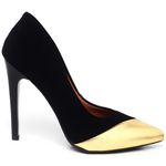 Scarpin Salto Alto Bicolor Nobuck Preto & Metal. Ouro