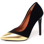 Scarpin Salto Alto Bicolor Nobuck Preto & Metal. Ouro