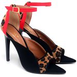 7945 Sandália Bico Folha Salto Alto Nobuck Preto/Onça