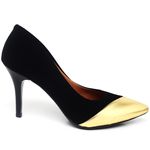Scarpin Salto Médio Bicolor Nobuck Preto & Met. Ouro