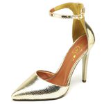 7913 Sandália Bico Folha Salto Alto Lagarto Dourado 