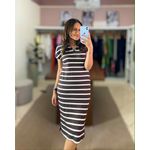 Vestido Gola Polo Listrado Marrom 