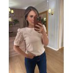 BLUSA MALHA ALGODÃO MANGA RENDA - BEGE