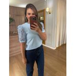 BLUSA MALHA ALGODÃO MANGA RENDA - AZUL