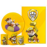 Kit Casado Veste Fácil Trio de Capas Cilindros + Painel Redondo + Painel Retangular Tema Rubble Patrulha Canina