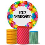 Trio Capas Cilindros + Painel Tema Feliz Aniversário Colorido Veste Fácil