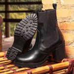 Bota Coturno Casual elastico Feminina salto alto Dorf Couro Preto 