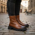 Bota Coturno Tratorada Casual Dorf Feminina Couro Tabaco