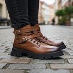 Bota Coturno Tratorada Dorf Feminina Couro Tabaco