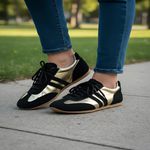 Tenis Feminino Casual Dorf Retro Couro Preto e Ouro