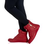 Tenis Sneaker Bawmi Cano Alto Feminino Vermelho com Ziper Dourado