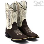 Bota Texana Escama Peixe Cano Branco Bico Quadrado Marrom