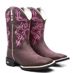 Bota Texana Feminina Bordado Flores Rosa - Marrom/Rosa