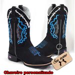 Bota Texana Preta Bordado Arabesco Azul-Country + Chaveiro Personalizado