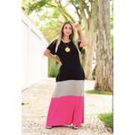 Vestido Longo Tricolor Preto Cinza Rosa
