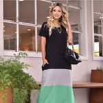 Vestido Longo Tricolor Preto Cinza Verde