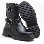 Coturno Feminino Preto Bota Tratorada Biker Boots Com Fivelas